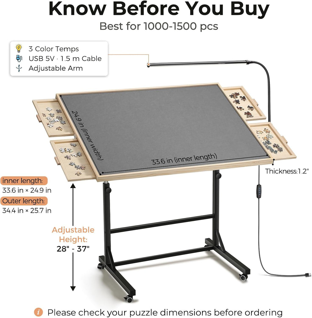 Puzzle table dimensions, adjustable height and USB LED lamp specifications