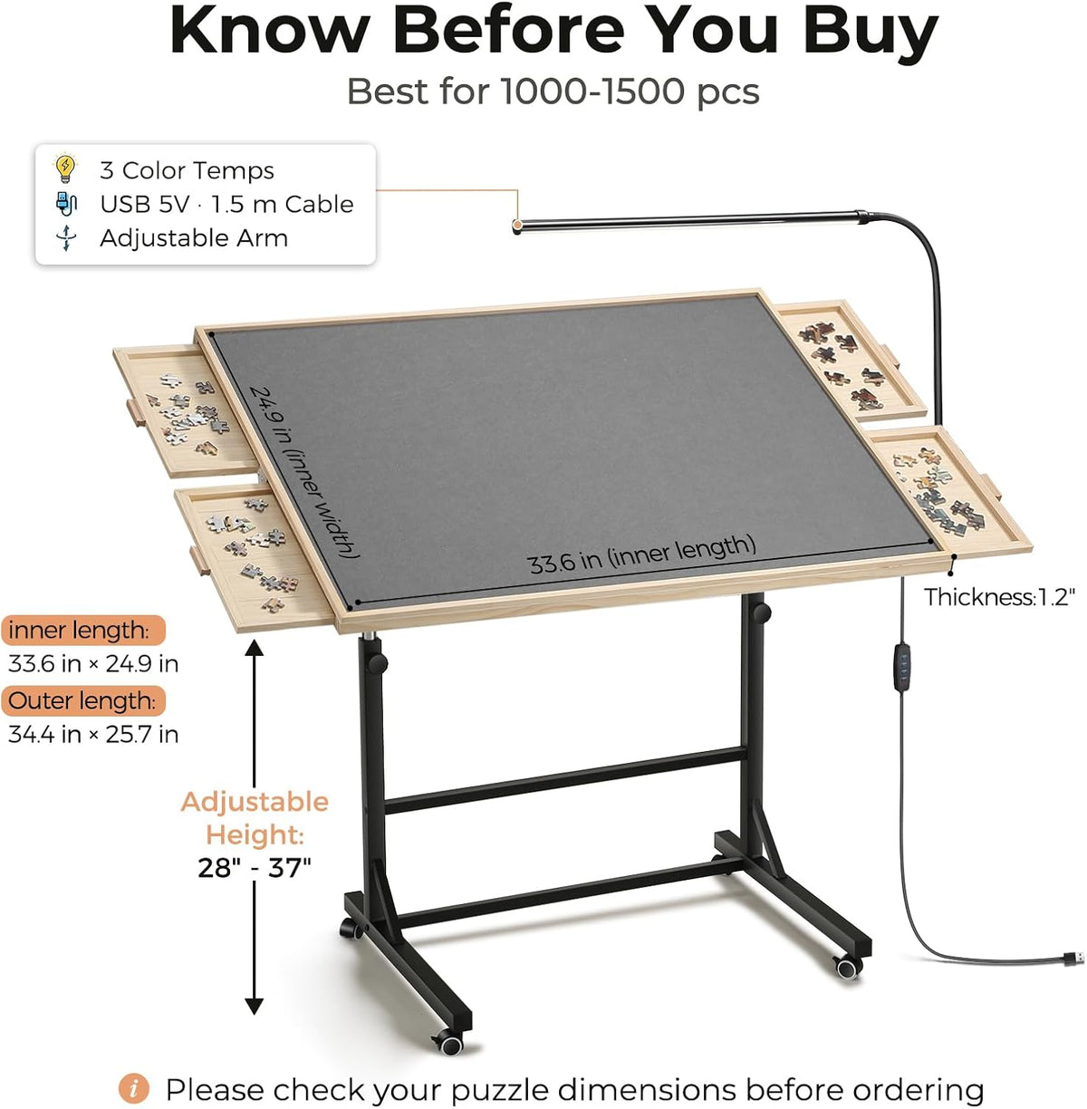 Puzzle table dimensions, adjustable height and USB LED lamp specifications