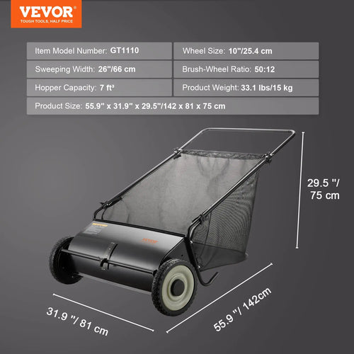 Hand Push - 26 inch lawn sweeper and model specifications