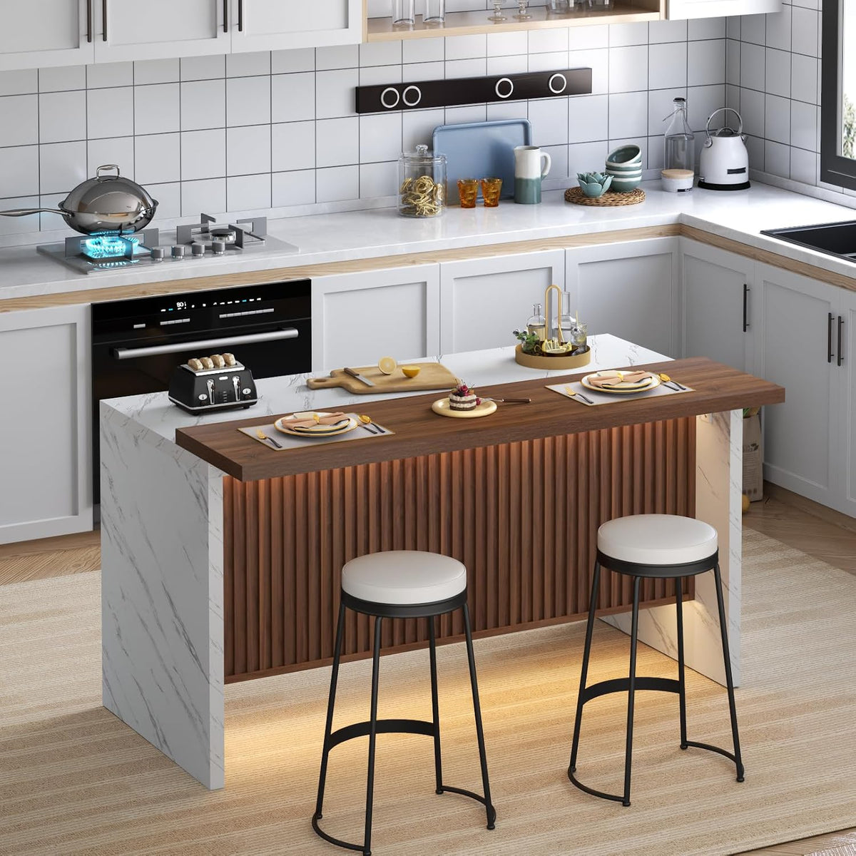 Faux marble island bar table set for casual dining in a kitchen