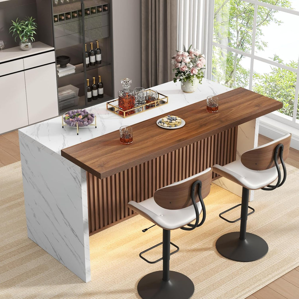 White faux marble island bar table with a wood-look grille front
