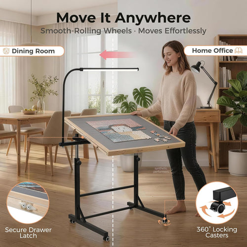 Puzzle table with locking swivel casters and drawer latch details