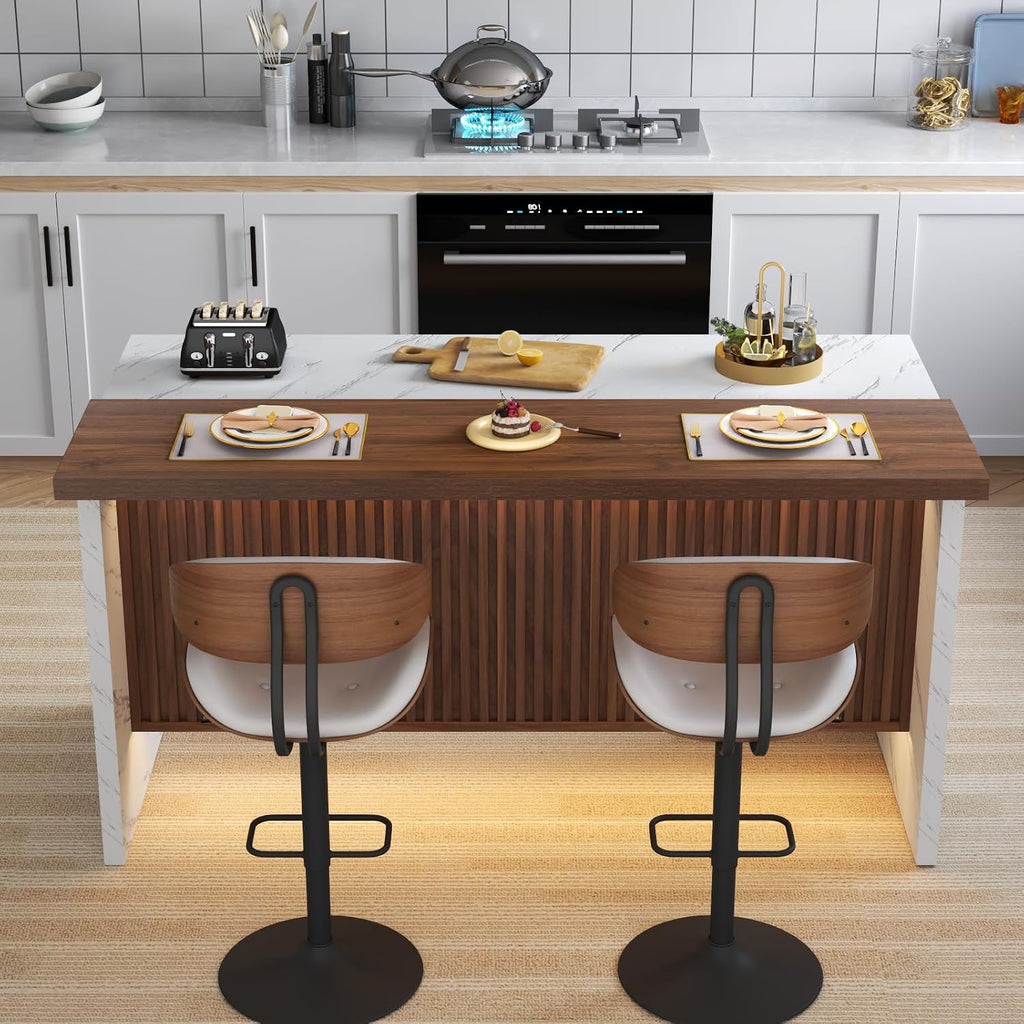 Front view of the wood-look grille island table with LED lighting